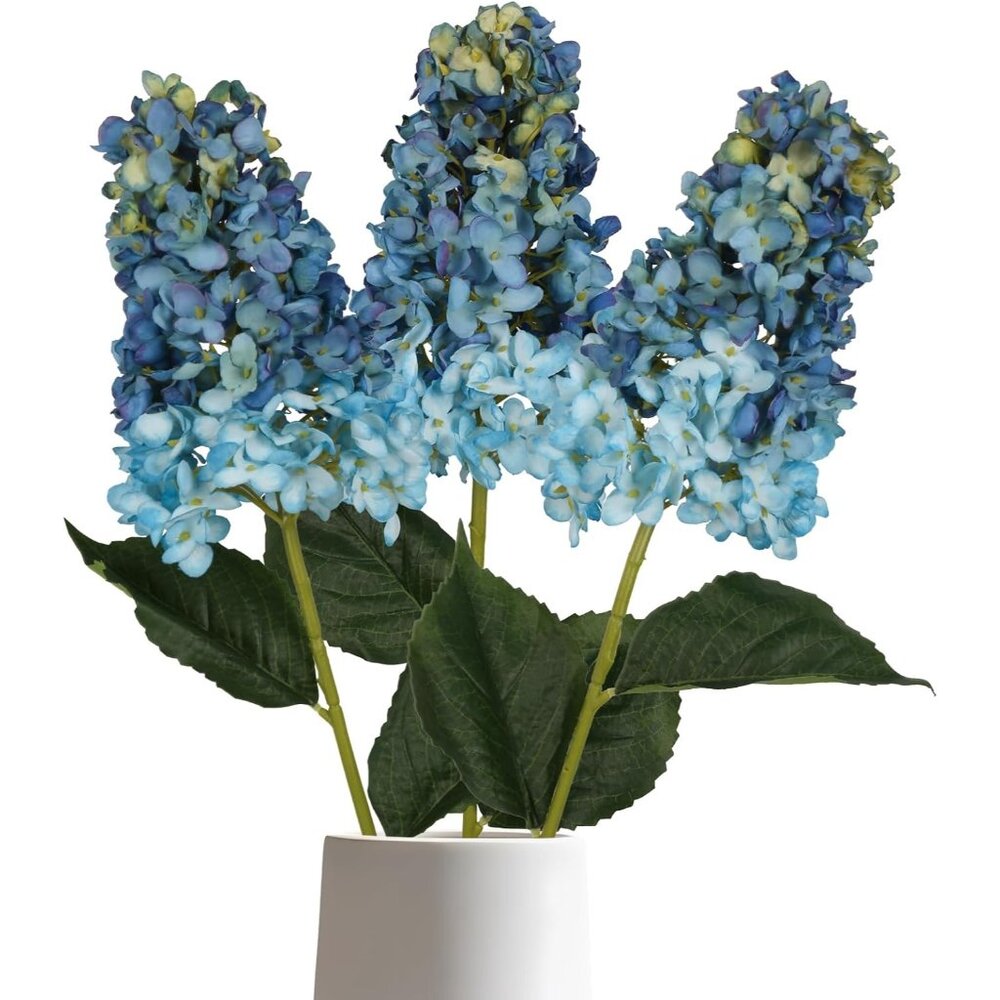 3-Pcs Blue Fake Artificial Flowers Stem Tall Vase Silk Hydrangea Home Decor